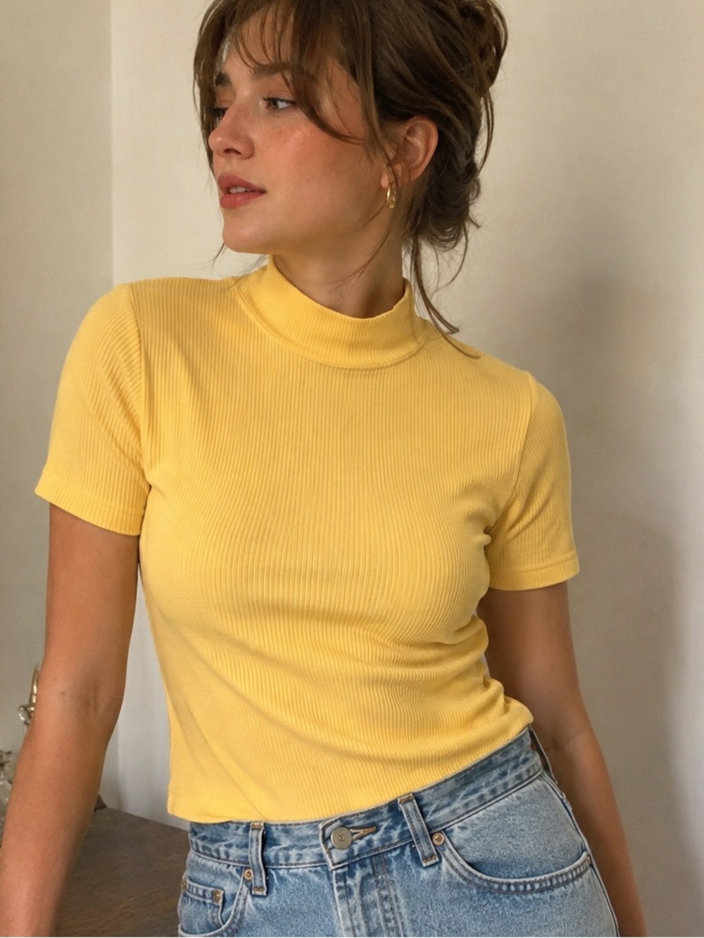 Vintage Whitefish Bay Butter Yellow Ribbed Mock Neck Top L 90s Y2K